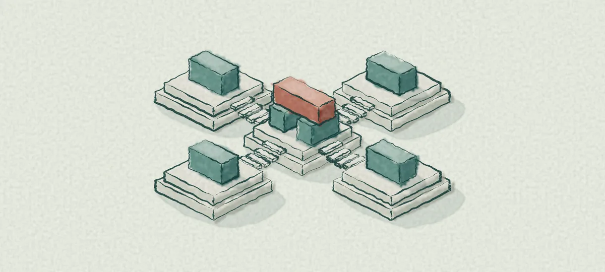 A network of AI agent peers, each on its own system, connected and building shared work together.
