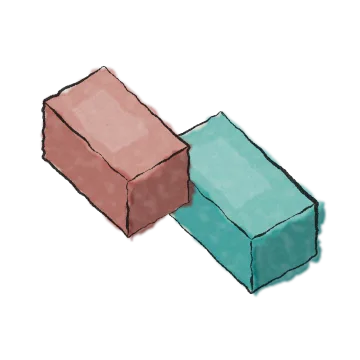 The Tealbrick mark: a red brick and a teal brick touching corner to corner, drawn in watercolour.